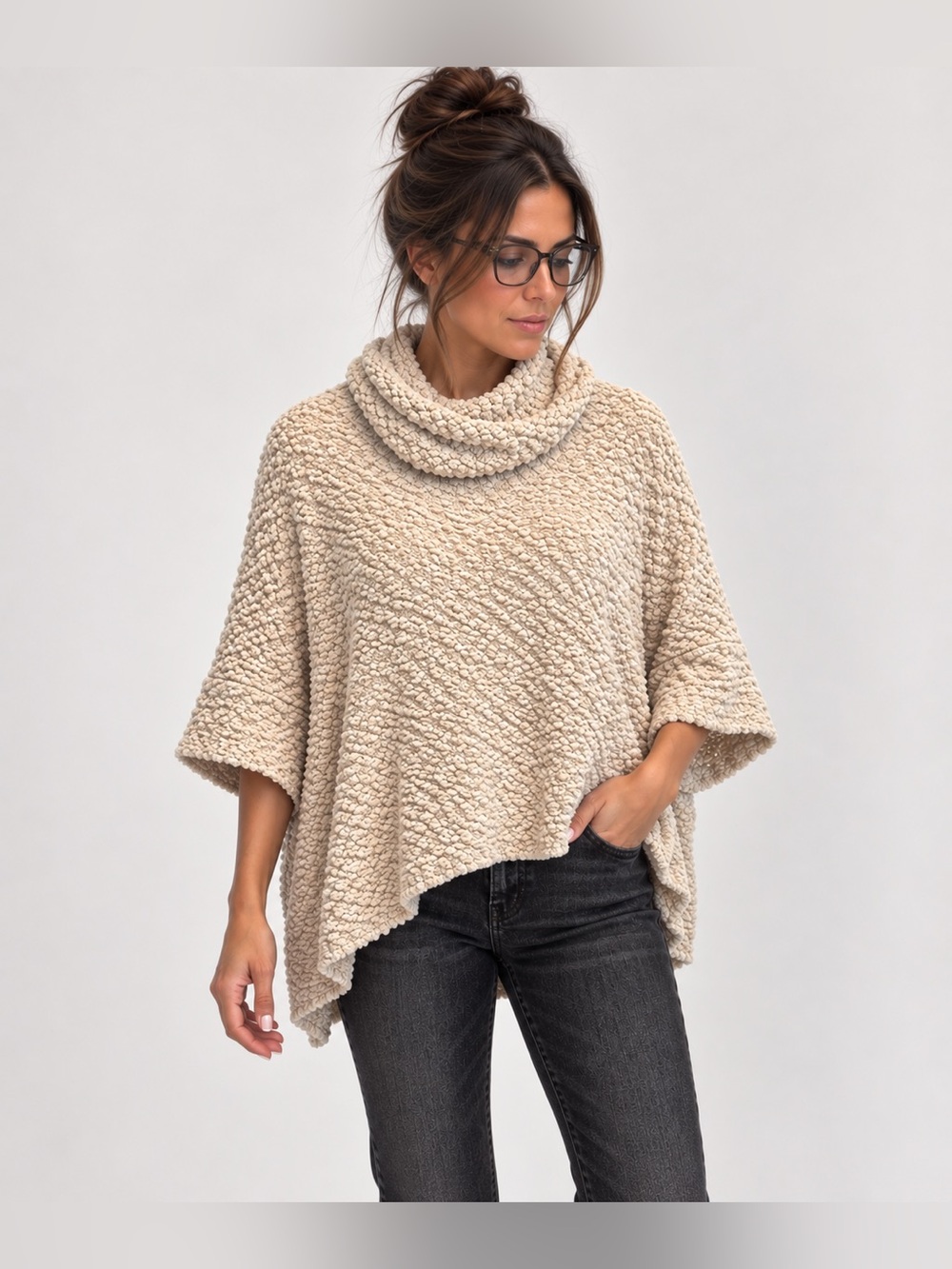 Hippie Rose Cream Boucle Cowl Neck Poncho Sweater Cozy Boho